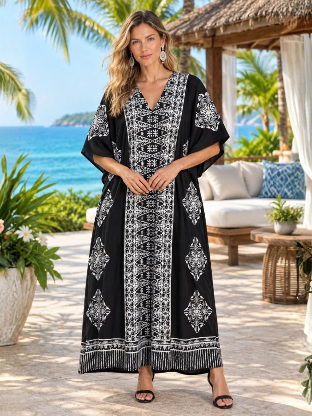 Plus Size Floral Printed Black Polyester Caftan Maxi Dress Nighty for Women